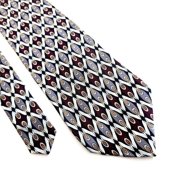 Martin Wong Red Silver Tan‎ Print Short Wide Silk Tie - Picture 1 of 6